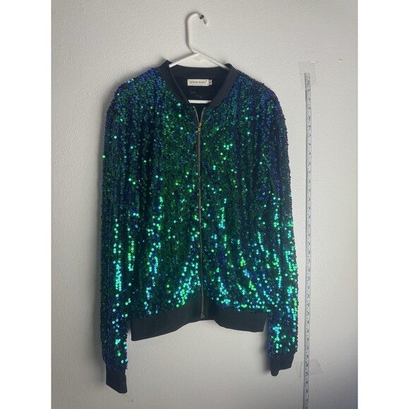 Anna Sui Jackets & Blazers - Anna-Kaci Green Blue Sequin Bomber Jacket Women’s Medium Sparkly Zip
